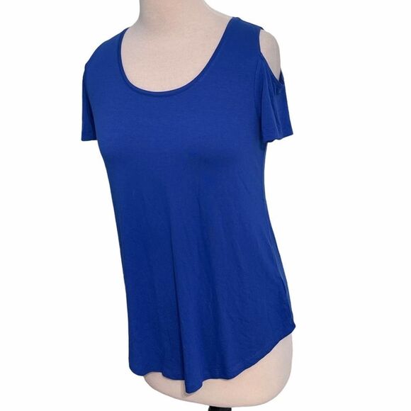 JM Collection Cold Shoulder Top Short Sleeves Blue Dragon Stretchy Scoop Neck XS - Picture 9 of 9
